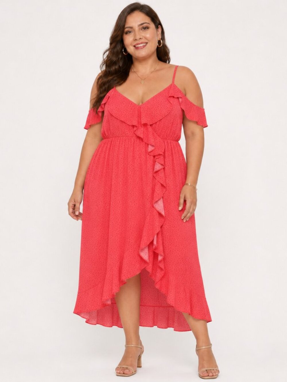 Express Flutter Sleeve Red Polka Dot High Low Ruffle Feminine Summer Dress XL